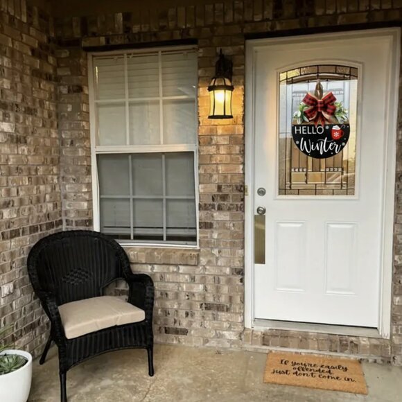 Hello Winter Front Door Hanging Sign Festive Holiday Bow Decor Wood Wreath 11.8" - Picture 2 of 5